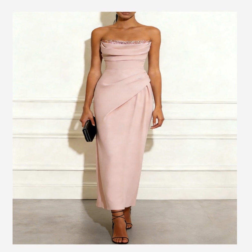 Strapless Midi Dress in Blush Pink with Draped Waist